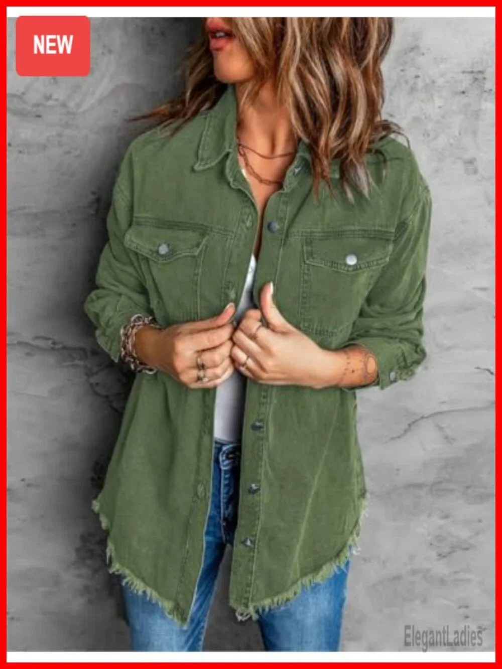 Oversized Denim Shacket Button-Up Raw Hem Long Sleeve Jacket